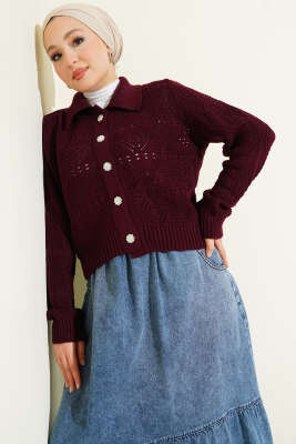 Ajur Detaylı Düğmeli Kısa Triko Hırka Bordo - HELLIE