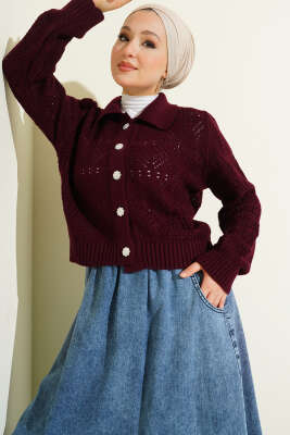 Ajur Detaylı Düğmeli Kısa Triko Hırka Bordo - Hırka