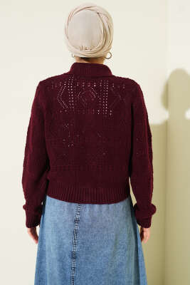 Ajur Detaylı Düğmeli Kısa Triko Hırka Bordo - Hırka