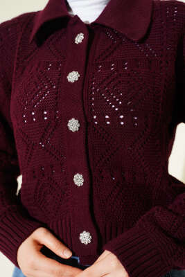 Ajur Detaylı Düğmeli Kısa Triko Hırka Bordo - Hırka