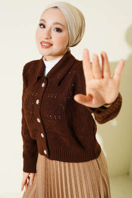 Ajur Detaylı Düğmeli Kısa Triko Hırka Kahve - HELLIE