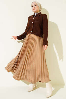 Ajur Detaylı Düğmeli Kısa Triko Hırka Kahve - Hırka