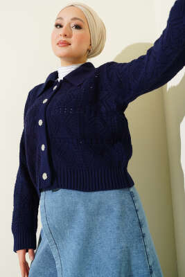 Ajur Detaylı Düğmeli Kısa Triko Hırka Lacivert - HELLIE