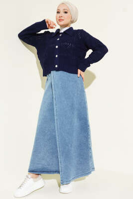 Ajur Detaylı Düğmeli Kısa Triko Hırka Lacivert - Hırka