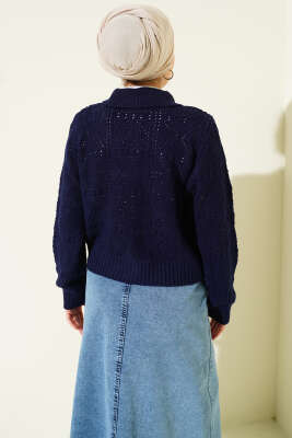 Ajur Detaylı Düğmeli Kısa Triko Hırka Lacivert - Hırka