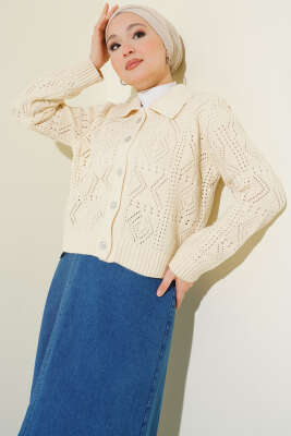 Ajur Detaylı Düğmeli Kısa Triko Hırka Taş - HELLIE