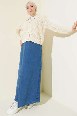 Ajur Detaylı Düğmeli Kısa Triko Hırka Taş - Hırka