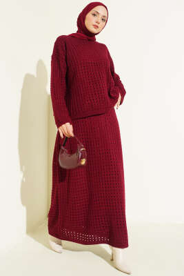 Ajurlu Etekli Triko İkili Takım Bordo - RAFİMİX