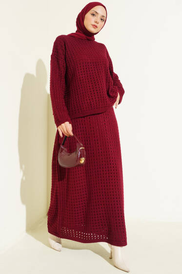Ajurlu Etekli Triko İkili Takım Bordo - İkili Takım