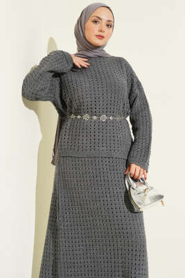 Ajurlu Etekli Triko İkili Takım Füme - İkili Takım