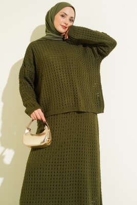 Ajurlu Etekli Triko İkili Takım Haki - İkili Takım