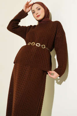 Ajurlu Etekli Triko İkili Takım Kahve - İkili Takım