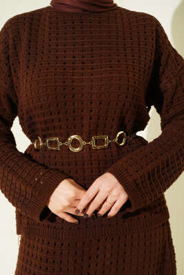 Ajurlu Etekli Triko İkili Takım Kahve - İkili Takım