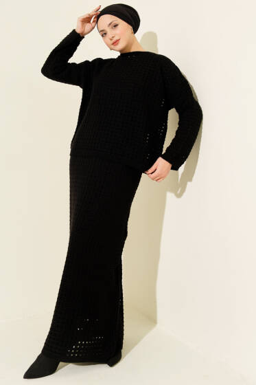 Ajurlu Etekli Triko İkili Takım Siyah - İkili Takım