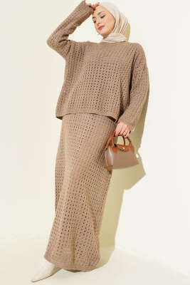 Ajurlu Etekli Triko İkili Takım Vizon - RAFİMİX