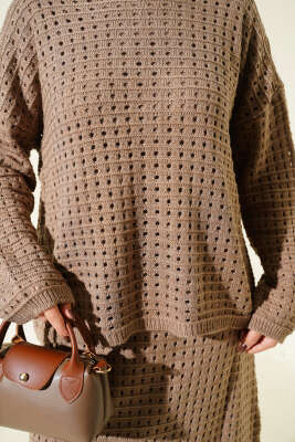 Ajurlu Etekli Triko İkili Takım Vizon - İkili Takım