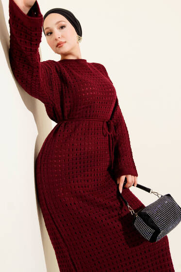Ajurlu İp Kuşaklı Triko Elbise Bordo - Elbise