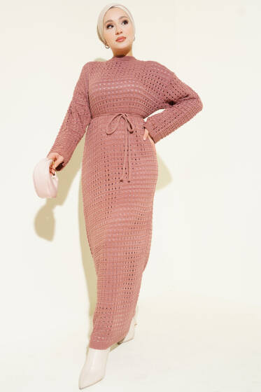 Ajurlu İp Kuşaklı Triko Elbise Gül Kurusu - Elbise