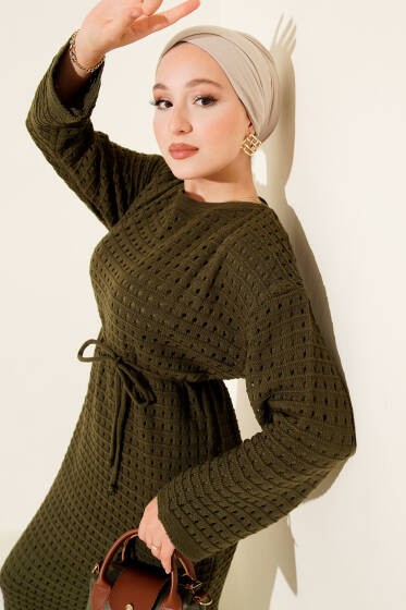 Ajurlu İp Kuşaklı Triko Elbise Haki - Elbise