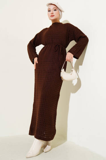 Ajurlu İp Kuşaklı Triko Elbise Kahve - Elbise