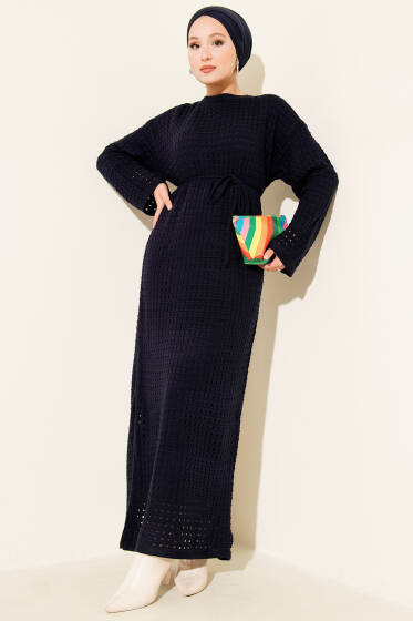 Ajurlu İp Kuşaklı Triko Elbise Lacivert - Elbise