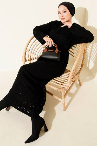 Ajurlu İp Kuşaklı Triko Elbise Siyah - Elbise