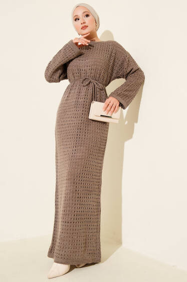 Ajurlu İp Kuşaklı Triko Elbise Vizon - Elbise