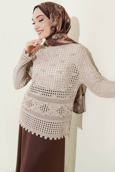 Ajurlu Kabartma Desen Kazak Bej - Triko Kazak