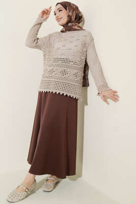 Ajurlu Kabartma Desen Kazak Bej - Triko Kazak