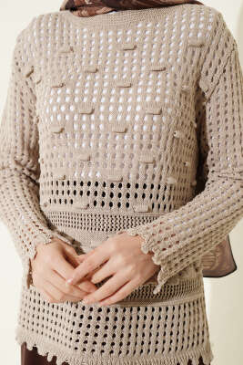 Ajurlu Kabartma Desen Kazak Bej - Triko Kazak