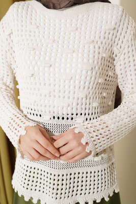 Ajurlu Kabartma Desen Kazak Ekru - Triko Kazak