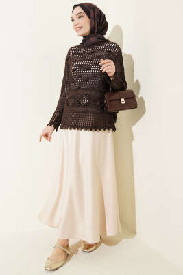 Ajurlu Kabartma Desen Kazak Kahve - Triko Kazak