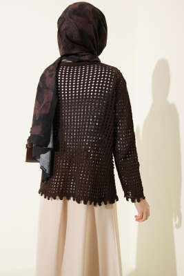 Ajurlu Kabartma Desen Kazak Kahve - Triko Kazak