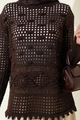 Ajurlu Kabartma Desen Kazak Kahve - Triko Kazak