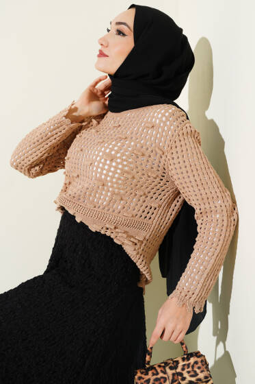 Ajurlu Kabartma Desen Kazak Latte - Triko Kazak