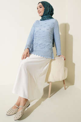 Ajurlu Kabartma Desen Kazak Mavi - Triko Kazak