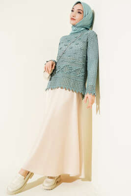 Ajurlu Kabartma Desen Kazak Mint - Triko Kazak