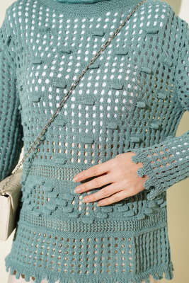 Ajurlu Kabartma Desen Kazak Mint - Triko Kazak