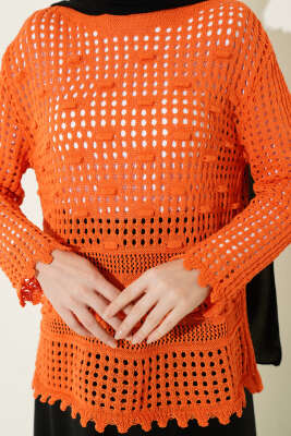 Ajurlu Kabartma Desen Kazak Oranj - Triko Kazak