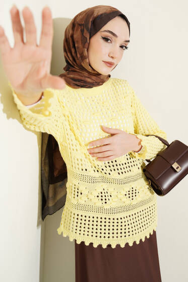 Ajurlu Kabartma Desen Kazak Sarı - Triko Kazak