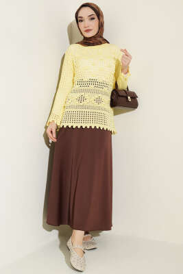 Ajurlu Kabartma Desen Kazak Sarı - Triko Kazak