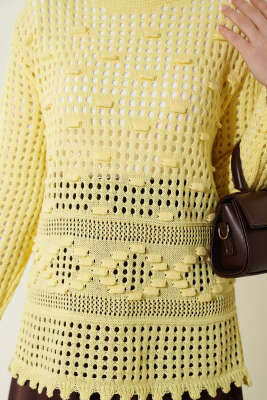 Ajurlu Kabartma Desen Kazak Sarı - Triko Kazak