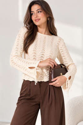 Ajurlu Kol Bağcıklı Triko Bluz Ekru - LUSTRİN