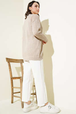 Ajurlu Önü İp Bağlamalı Triko Hırka Bej - Triko Hırka