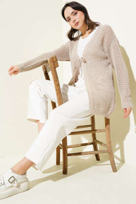 Ajurlu Önü İp Bağlamalı Triko Hırka Bej - Triko Hırka