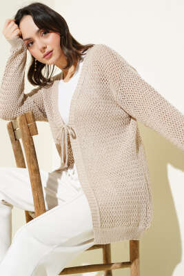 Ajurlu Önü İp Bağlamalı Triko Hırka Bej 