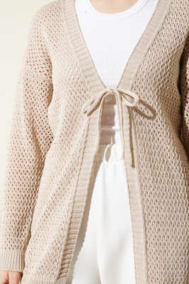 Ajurlu Önü İp Bağlamalı Triko Hırka Bej - Triko Hırka