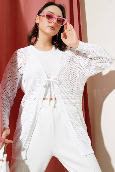 Ajurlu Önü İp Bağlamalı Triko Hırka Beyaz - Hırka