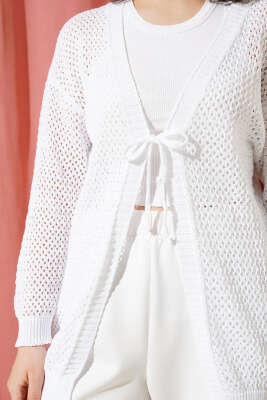 Ajurlu Önü İp Bağlamalı Triko Hırka Beyaz - Triko Hırka