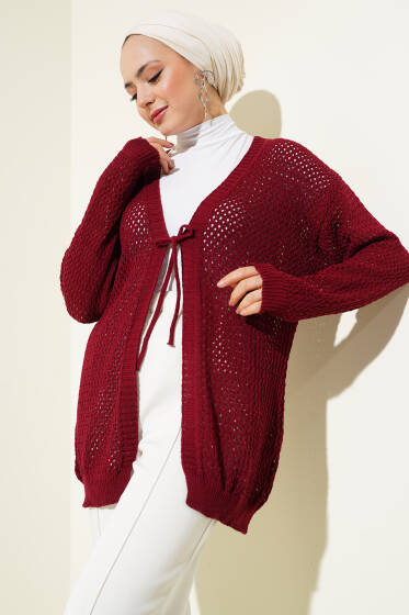 Ajurlu Önü İp Bağlamalı Triko Hırka Bordo - Hırka